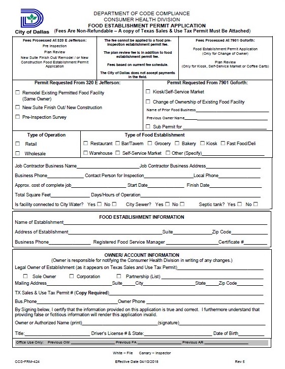 Food Establishment Inspection Form